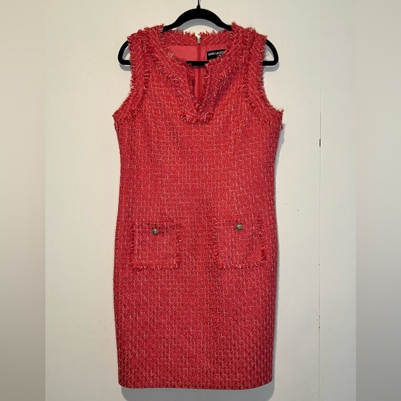 Karl Lagerfeld Paris Tweed Sheath Sleeveless V-neck Knee Length Dress H9 50625 - Picture 1 of 7